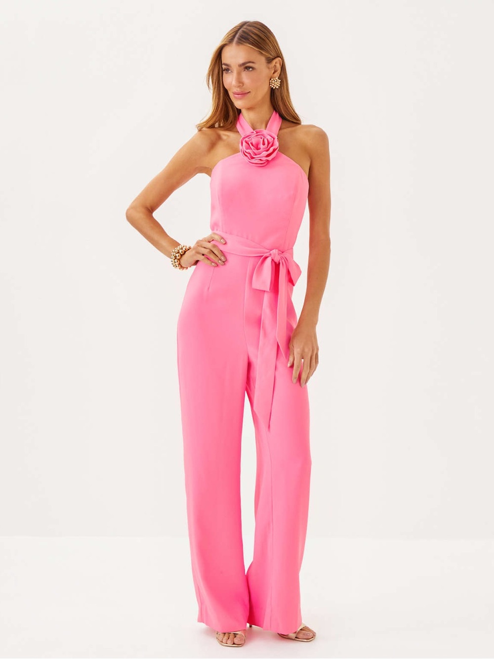 Lilly Pulitzer Connie Jumpsuit Rousseau Pink Halter Jumpsuit with Rosette Neck